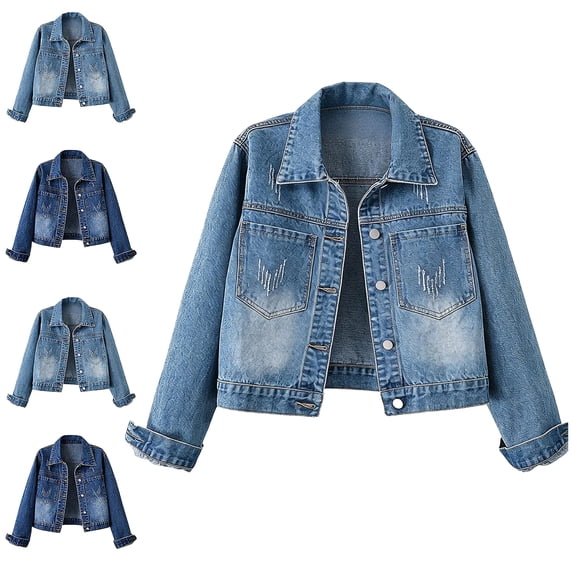 Zefriona Womens Denim Jacket Long Sleeve Button Down Casual Jean Coat 100% Denim Blue Size L