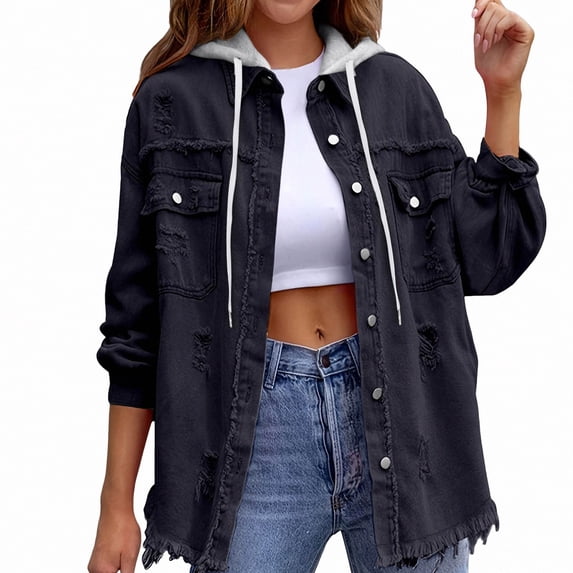 Zefriona Womens Denim Jacket Long Sleeve Oversized Jean Coat with Removable Hood 100% Denim Black Size 2XL