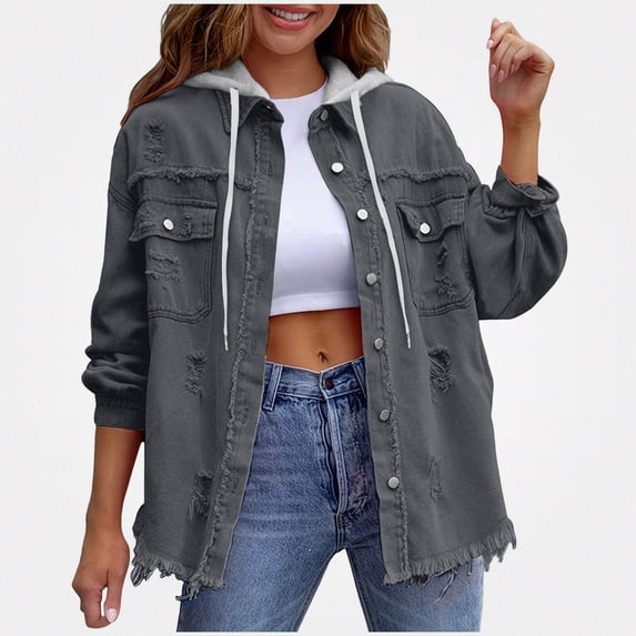 Zefriona Womens Denim Jacket Long Sleeve Oversized Jean Coat with Removable Hood 100% Denim Dark Gray Size L