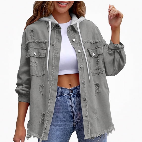 Zefriona Womens Denim Jacket Long Sleeve Oversized Jean Coat with Removable Hood 100% Denim Gray Size 2XL