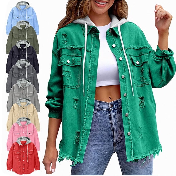Zefriona Womens Denim Jacket Long Sleeve Oversized Jean Coat with Removable Hood 100% Denim Green Size L