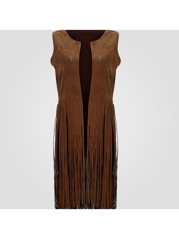 Womens Faux Suede Tassel Vest Jacket Sleeveless 70s Hippie Western Fashion Jean Top Khaki Size L
