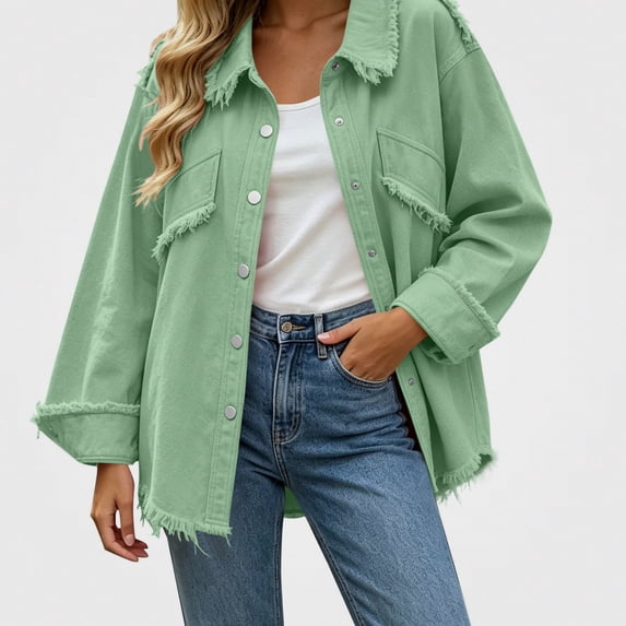 Zefriona Womens Fringe Denim Jacket Long Sleeve Button Front Jean Coat Top Green Size L