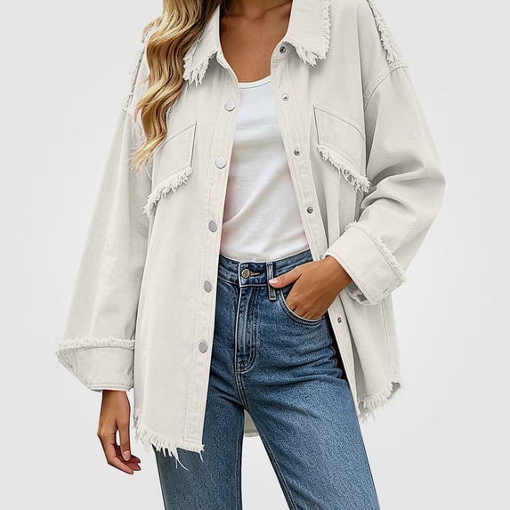 Zefriona Womens Fringe Denim Jacket Long Sleeve Button Front Jean Coat Top White Size S
