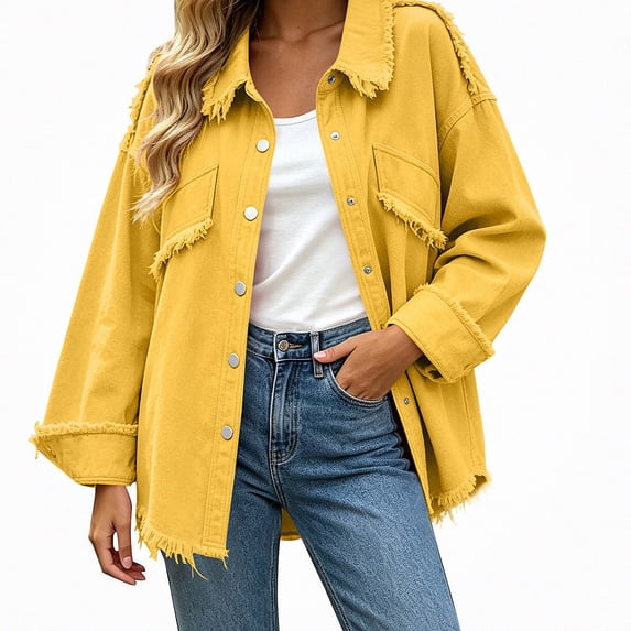 Zefriona Womens Fringe Denim Jacket Long Sleeve Button Front Jean Coat Top Yellow Size XL