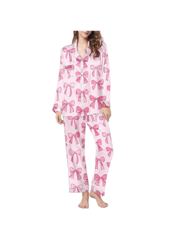 Womens Long Sleeved Pajama Sets for Women Relaxed Fit Loungewear Set Lapel Top and Pants Sleepwear Sets Pink Size S