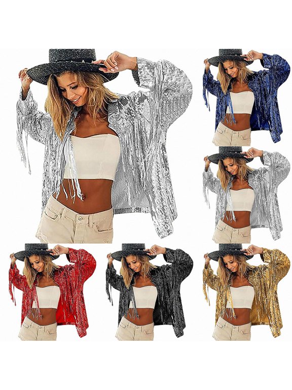 Womens Sequined Fringe Jacket Long Sleeve Loose Fit Sparkly Casual Party Coat Silver Size Free Size