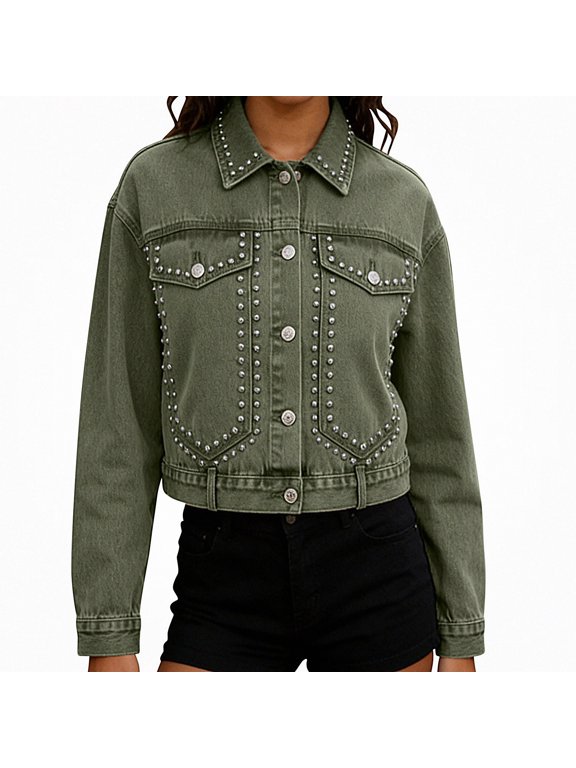 Womens Studded Denim Jacket Long Sleeve Lapel Summer Short Jean Coat Army Green Size XS