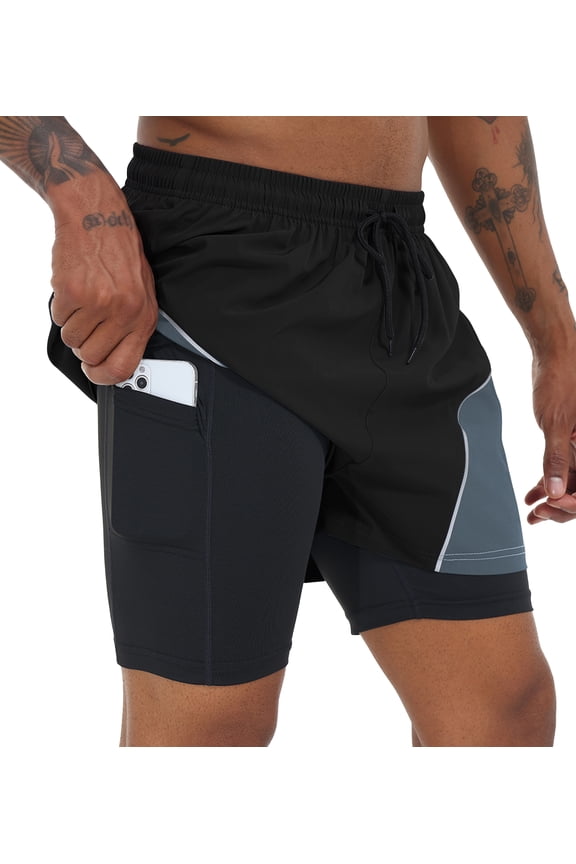 Men's 2 in 1 Running Shorts 5" Quick Dry Athletic Workout Shorts Lightweight Gym Training Shorts with Zipper Pockets Black XL