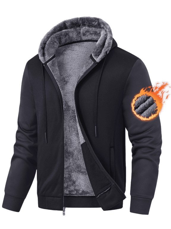 Men's Fleece Winter Coat Warm Sweatshirts Zip Up Hoodie Heavyweight Sherpa Lined Fall Winter Jacket Black Gray S