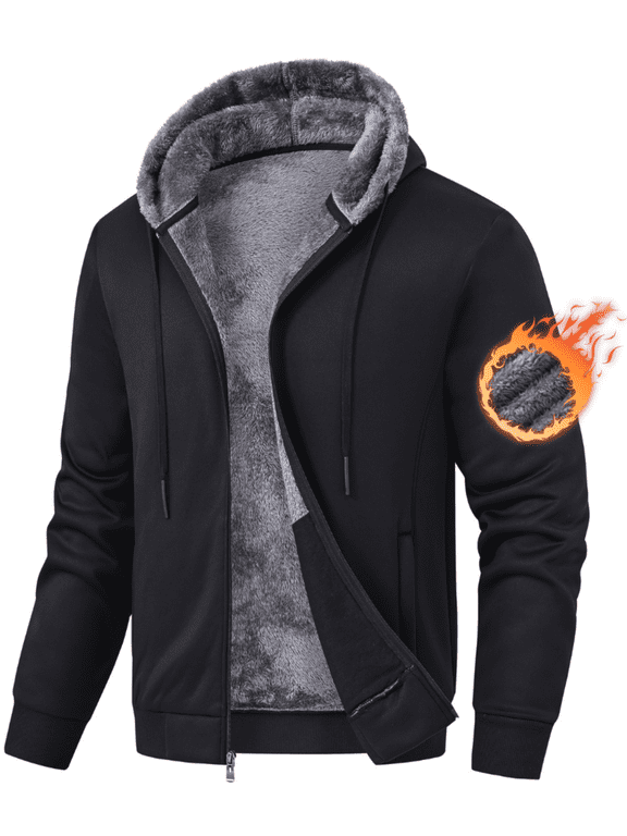 Men's Fleece Winter Coat Warm Sweatshirts Zip Up Hoodie Heavyweight Sherpa Lined Fall Winter Jacket Black M