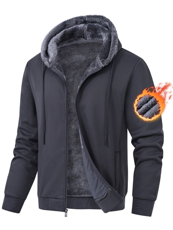 Men's Fleece Winter Coat Warm Sweatshirts Zip Up Hoodie Heavyweight Sherpa Lined Fall Winter Jacket Deep Gray L