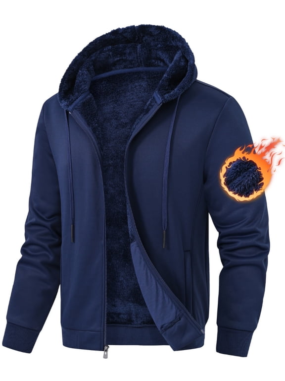 Men's Fleece Winter Coat Warm Sweatshirts Zip Up Hoodie Heavyweight Sherpa Lined Fall Winter Jacket Navy S