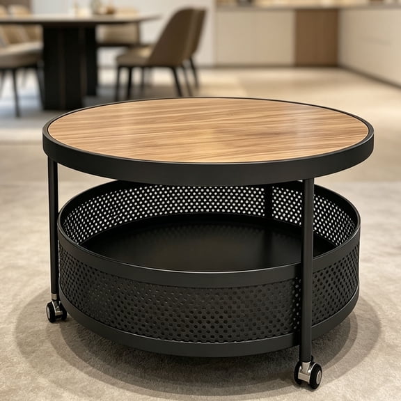 Zehiseta Black Round Coffee Table with Wheels, 2 Tier Mobile Iron Frame Storage Side Table for Balcony Living Room