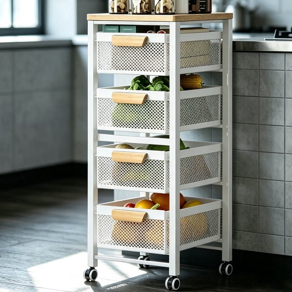 Zehiseta Kitchen Rolling Cart, 4/5 Tier Mesh Drawers Wood Top Mobile Storage Trolley with Wheels