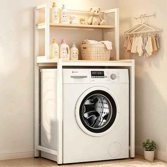 Zehiseta Laundry Machine Storage Unit 2 Tier Wood Board Space Saving Bathroom Rack White