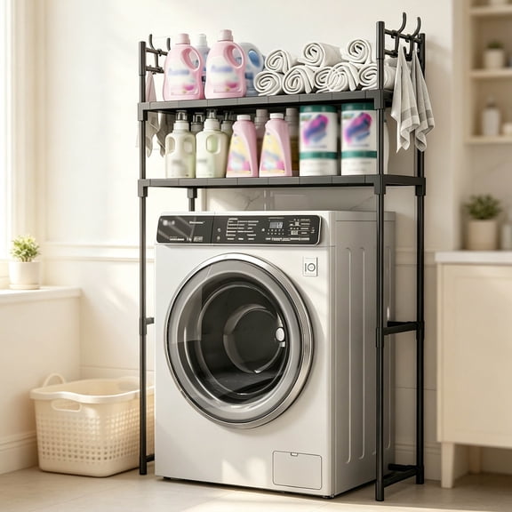 Zehiseta Laundry Supply Organizer Freestanding 2 Layer Over Washer Rack with Towel Hooks