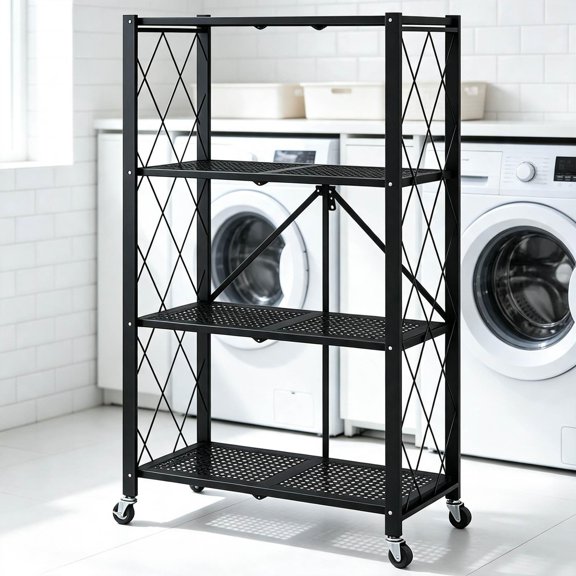 Zehiseta Metal Storage Rack, 4Tier Foldable Design with 360 Swivel Wheels, Freestanding Organizer for Home and Utility Space