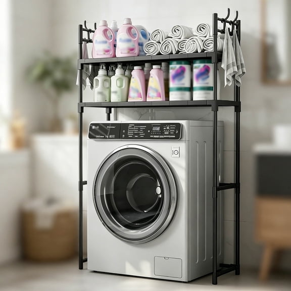 Zehiseta Over Washer Shelving Unit 2 Layer Laundry Organizer Rack with Hanging Hooks