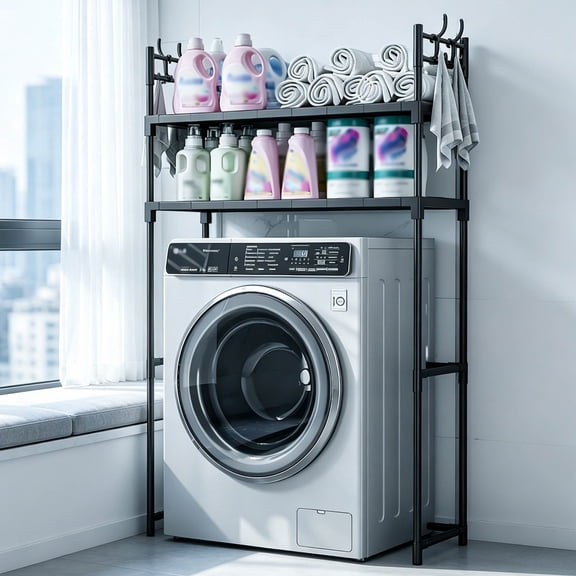 Zehiseta Over Washing Machine Shelving Rack 2 Tier Storage Organizer with Hooks for Laundry Room Balcony