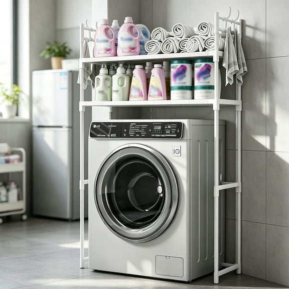Zehiseta Over Washing Machine Shelving Rack 2 Tier Storage Organizer with Hooks for Laundry Room Balcony