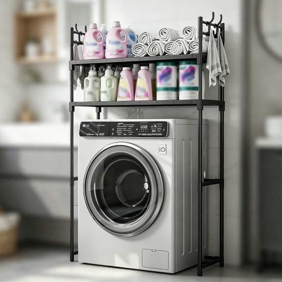 Zehiseta Over Washing Machine Storage Rack 2 Tier Freestanding Organizer with Side Hooks