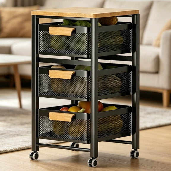 Zehiseta Rolling Pantry Organizer, Mesh Pull Out Baskets Wood Tabletop Slim Gap Fruit Storage Cart