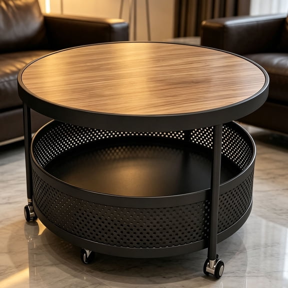 Zehiseta Rolling Round Coffee Table, Wrought Iron Mesh Storage, Movable Center Table for Small Living Room