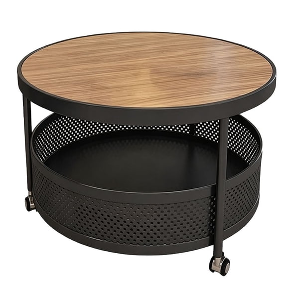 Zehiseta Round Coffee Table with Wheels, 2 Tier Storage Rolling Side Table for Living Room Bedroom