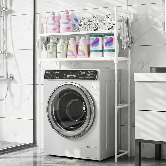 Zehiseta Space Saving Bathroom Storage Unit 2 Tier Over Washing Machine Rack with Side Hooks