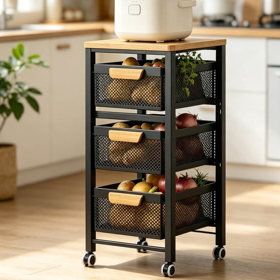Zehiseta Vegetable Storage Cart, 4/5 Tier Breathable Mesh Drawers Lockable Wheels Rolling Utility Trolley