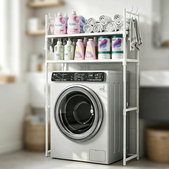 Zehiseta Washer Storage Rack Freestanding 2 Tier Laundry Shelf with Towel Hooks