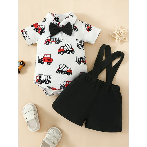 Zehjuhan 2pcs Baby Boy's Gentleman Outfits Newborn Formal Suspender Short Set Short Sleeve Bowtie Romper Shirt+Bib Pants Clothes