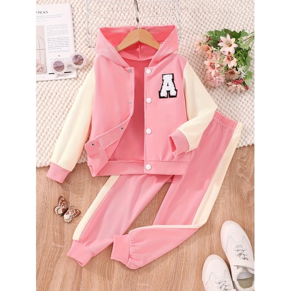 Zehjuhan 2pcs Toddler Kids Girls Color Matching Long Sleeve Hooded Baseball Jacket + Sweatpants Set For Outdoor Gift Everyday