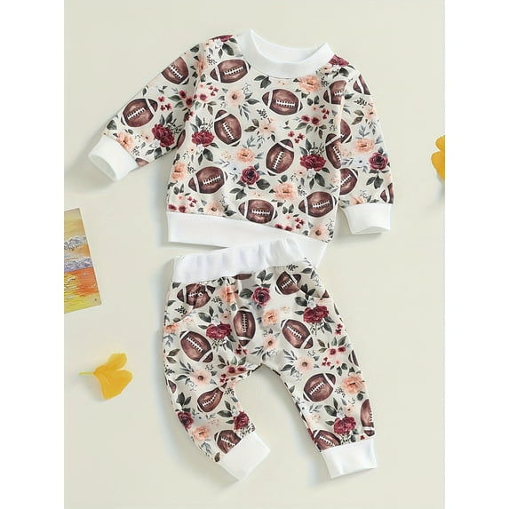 Zehjuhan 2pcs Toddler's Football & Floral Allover Print Long Sleeve Set, Sweatshirt & Casual Pants, Baby Boy's Clothes
