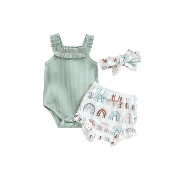 Zehjuhan 3PCS Infant Baby Girls Summer Clothes Set 0 3 6 12 18 Months Sleeveless Romper + Flower/Rainbow/Butterfly Print Shorts + Hairband