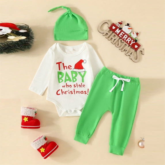 Zehjuhan Baby Boy Girl Cute Letter Print Christmas Party Outfits 3Pcs Long Sleeve Romper Trousers Hat Set White,0-3M