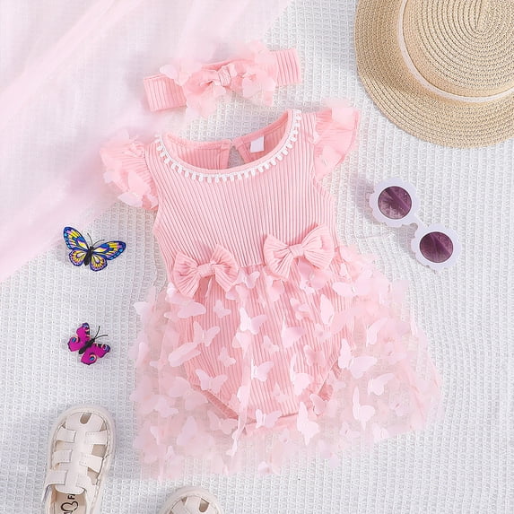 Zehjuhan Baby Girl Summer Princess Dress Set Ribbed Ruffles Fly Sleeve Splicing 3D Butterfly Appliques Tutu Dress With Bowknot Headband Pageant Party Birthday Wedding