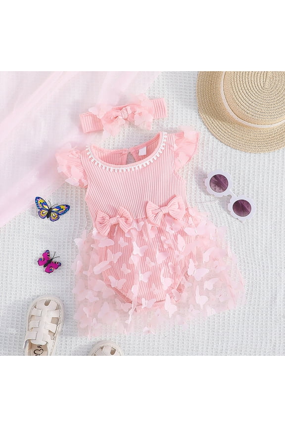 Baby Girl Summer Princess Dress Set Ribbed Ruffles Fly Sleeve Splicing 3D Butterfly Appliques Tutu Dress With Bowknot Headband Pageant Party Birthday Wedding