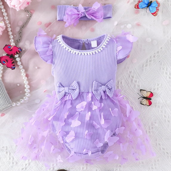 Zehjuhan Baby Girl Summer Princess Dress Set Ribbed Ruffles Fly Sleeve Splicing 3D Butterfly Appliques Tutu Dress With Bowknot Headband Pageant Party Birthday Wedding