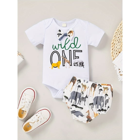 Zehjuhan Baby Kid's 1st Birthday Outfits, Infant Boy "Wild One" Print Romper Bodysuit & Shorts Set, Cake Smash Party Clothes