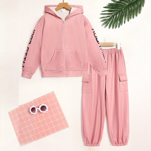 Zehjuhan Girls Long Sleeve Hooded Zipper Cardigan Car Print Pocket Sweatshirt and Pants For Fall Winter Pink,4Y