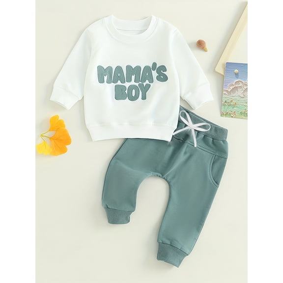 Zehjuhan Infant Baby Boy 2Pcs Cute Outfits, Toddler Long Sleeve Crew Neck "MAMA'S BOY" Letter Print Sweatshirt+Pants Fall Winter Casual Clothes Set