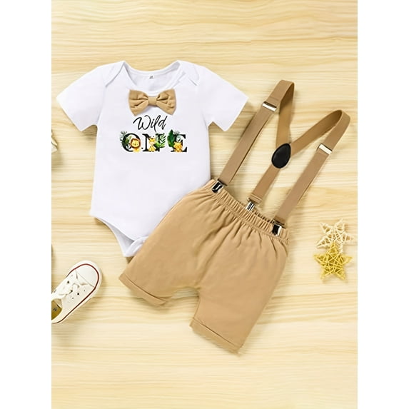 Zehjuhan Infant Baby Boy Funny First Birthday Clothes Toddler Boy Cute Cartoon Graphic Bow Tie Romper & Bib Pants Outfits