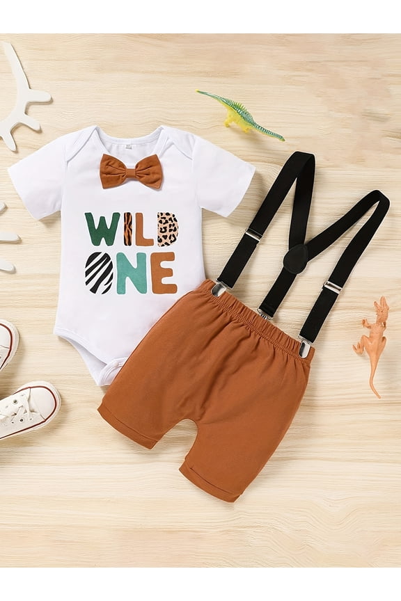 Infant Baby Boy Funny First Birthday Clothes Toddler Boy Cute Cartoon Graphic Bow Tie Romper & Bib Pants Outfits