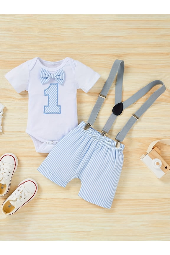 Infant Baby Boy Funny First Birthday Clothes Toddler Boy Cute Cartoon Graphic Bow Tie Romper & Bib Pants Outfits
