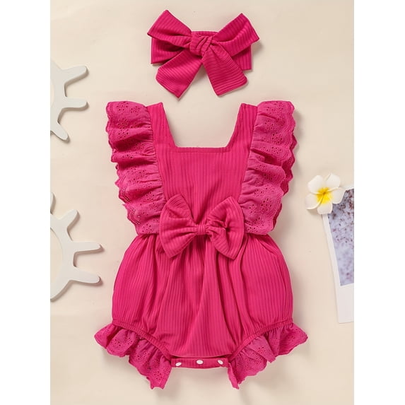 Zehjuhan Infant Baby Girl Solid Color Square Neck Bow Onesie + Headband Summertime Fashion Clothing