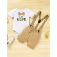 thumbnail image 1 of Zehjuhan Infant Baby Girls Boys Casual Style First Birthday Outfit, Funny "Wild One" Print With Bow Tie, White Romper Bodysuit, And Khaki Shorts With Suspenders Set, 1 of 8