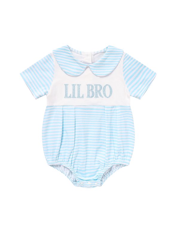 Infant Boy Short Sleeve Smocked Romper Babydoll Collar Embroidery Letter Bubble Bodysuit Stripe,6-9M
