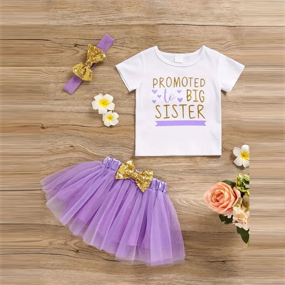 Zehjuhan Infant Toddler Girl Big Sister Letter Short Sleeve T-Shirt Top Ballet Skirt Headband 3Pcs Set Purple,5-6Y